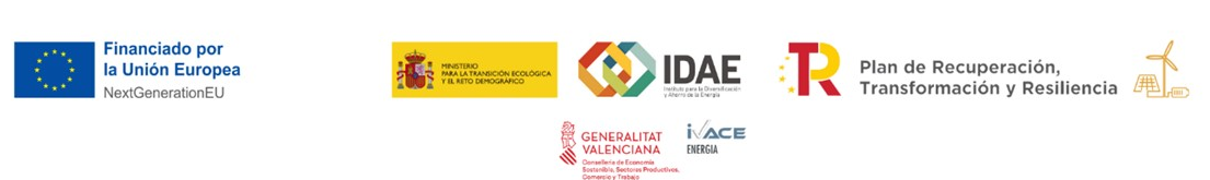 Logotipos institucionales de la subvención: Unión Europea, Ministerio, IDAE, Plan de Recuperación, Generalitat Valenciana e IVACE